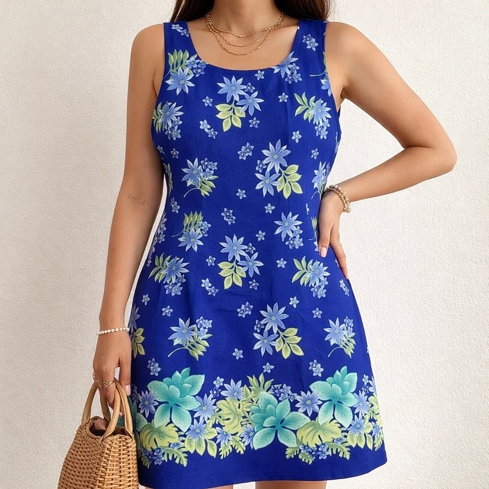 Sag Harbor‎ Floral Vintage 90s Dress Women's 14p Coastal Cottagecore Blue Green